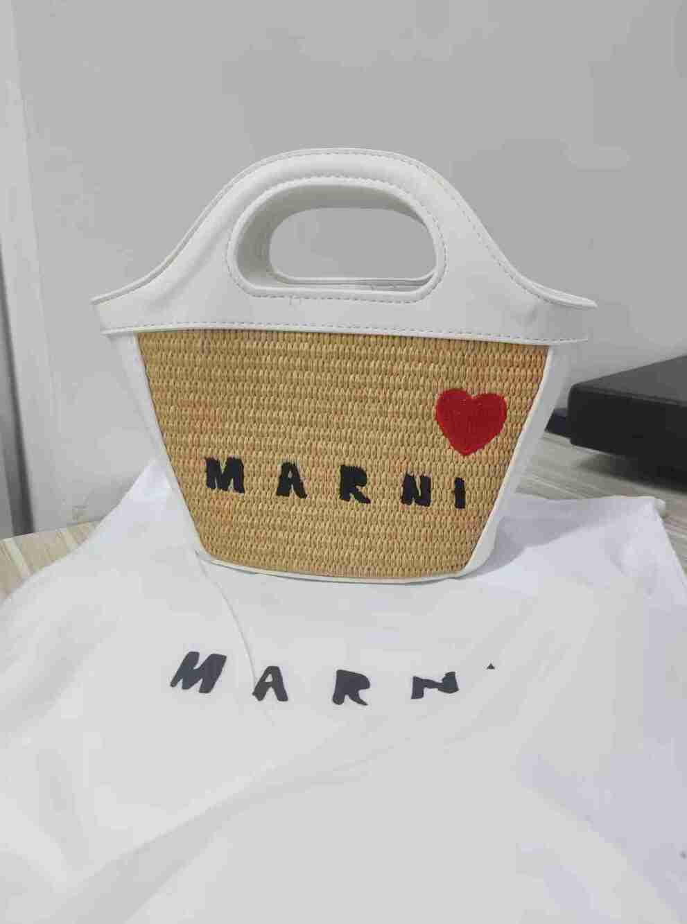 Marni Mini Raffia Basket Tote White Red Heart